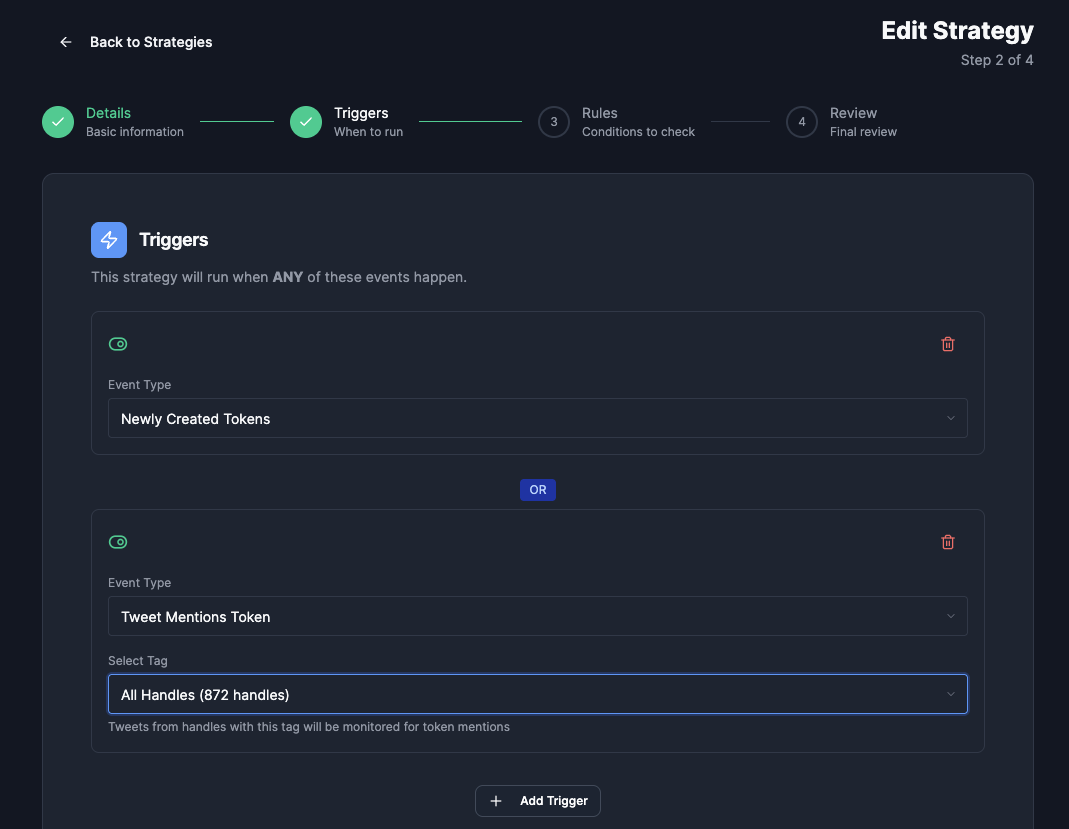 MemePerfect strategy builder showing trigger selection