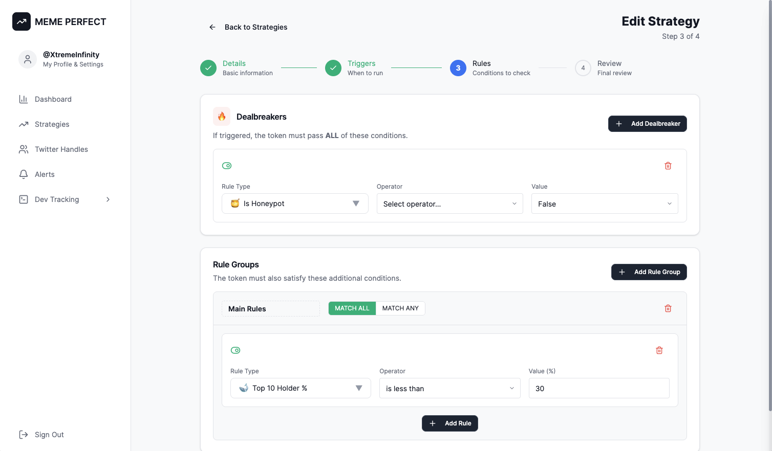 MemePerfect Strategy Editor Interface